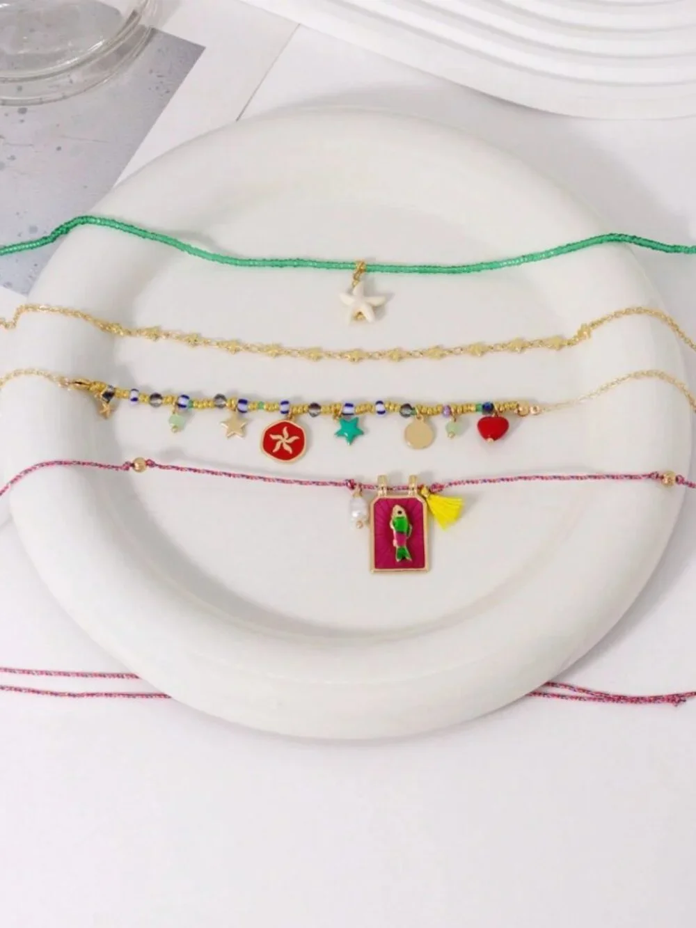 Set of 4 Gold & Red Beaded Charm Necklaces - Star Fish Heart